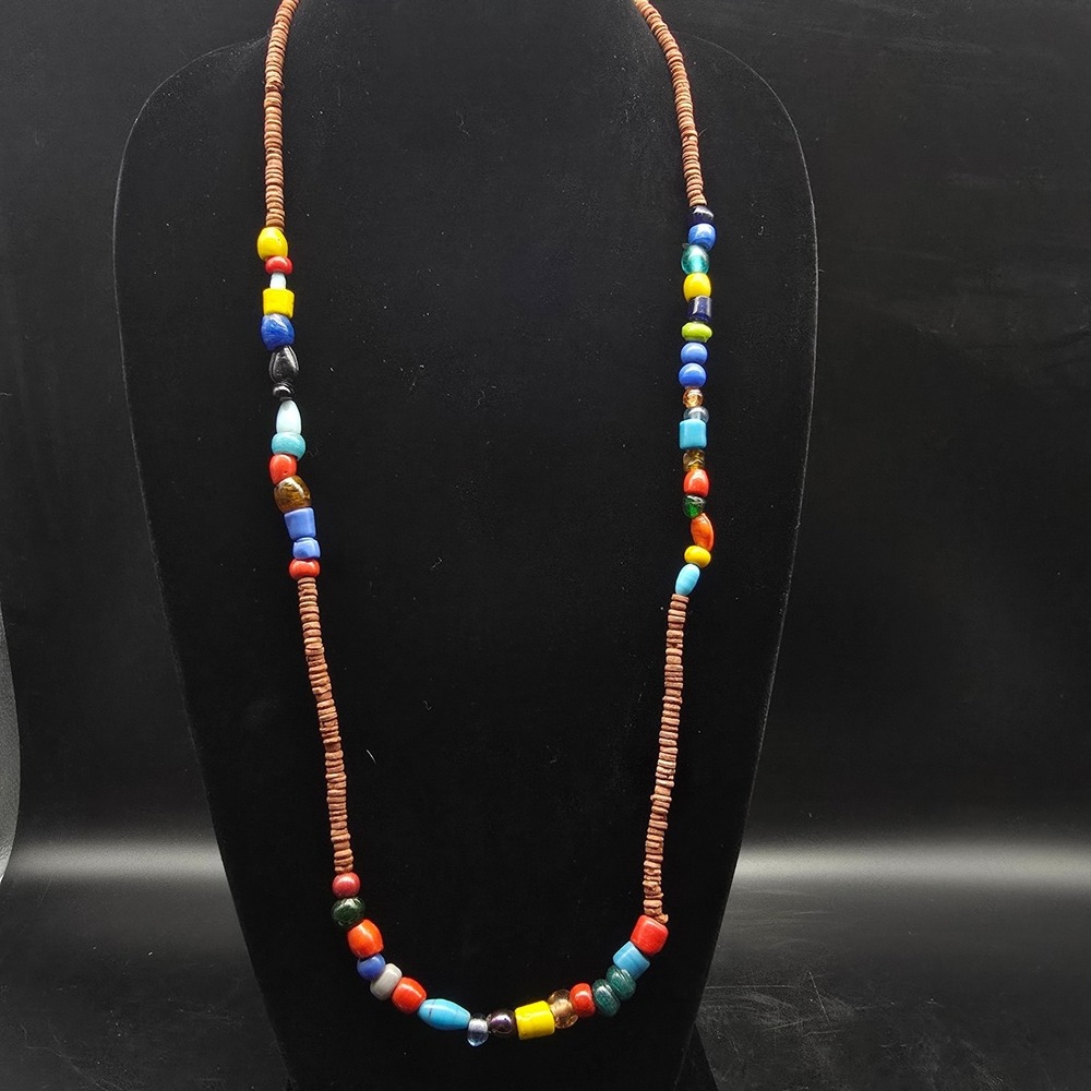 Colorful Glass Wood Beaded Necklace Vintage Tribal Inspired Jewelry